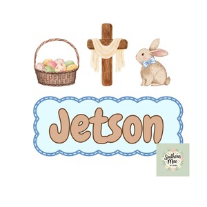 Op de afbeelding: Waterverfillustratie met Pasen-thema's. Een mand met eieren, een houten kruis met doek en een konijn met een blauwe strik. De naam "Jetson" staat in een lichtblauwe, wolk-vormige lijst. De afbeelding heeft een zacht, pastelkleurig kleurenpalet.