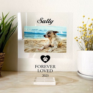Peut inclure: Un cadre photo en acrylique transparent avec un c&oelig;ur noir en forme de patte et le texte "Forever Loved 2023". Le cadre contient une photo d'un chien nomm&eacute; Sally sur une plage.