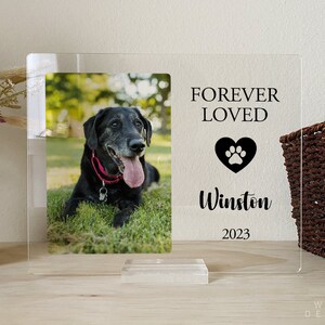 Peut inclure: Un cadre photo en acrylique transparent avec une photo en noir et blanc d'un chien. Le cadre porte le texte "FOREVER LOVED" avec un c&oelig;ur et une empreinte de patte, le nom "Winston" et l'ann&eacute;e "2023".