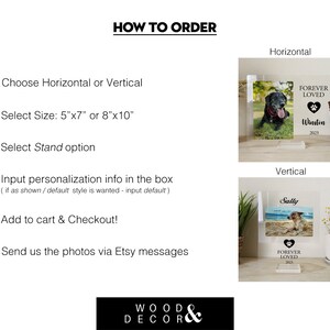 Peut inclure: Instructions pour commander une plaque comm&eacute;morative pour animal de compagnie personnalis&eacute;e. Choisissez entre une orientation horizontale ou verticale, s&eacute;lectionnez une taille de 13x18 cm ou 20x25 cm, et choisissez une option de support. Entrez les informations de personnalisation dans la case, ajoutez au panier et passez &agrave; la caisse, et envoyez les photos via les messages Etsy.