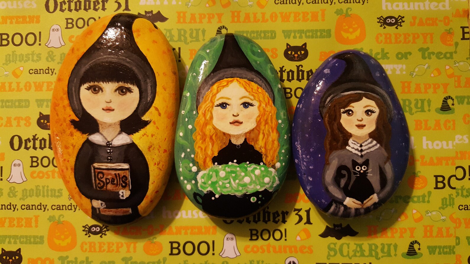 3 Hand Painted Halloween Witch Rocks - Etsy