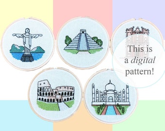 Modern Wonders of the World set of 5 cross stitch PDF patterns | 10cm/4" | instant digital download | Heritage and Culture | Archaeology