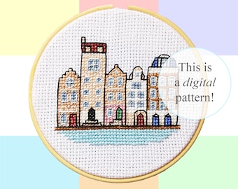 Canal Houses Amsterdam cross stitch PDF pattern | 10cm / 4" | instant digital download | Dutch culture pixel art | Heritage | Dutch houses