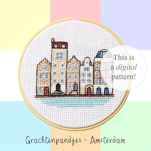 Canal Houses Amsterdam cross stitch PDF pattern | 10cm / 4&quot; | instant digital download | Dutch culture pixel art | Heritage | Dutch houses