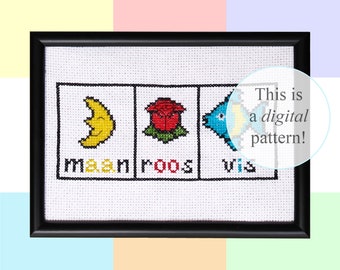 Maan-Roos-Vis cross stitch PDF pattern | 18x13cm | instant digital download | Dutch Reading Board | Leesplankje 1991-2013