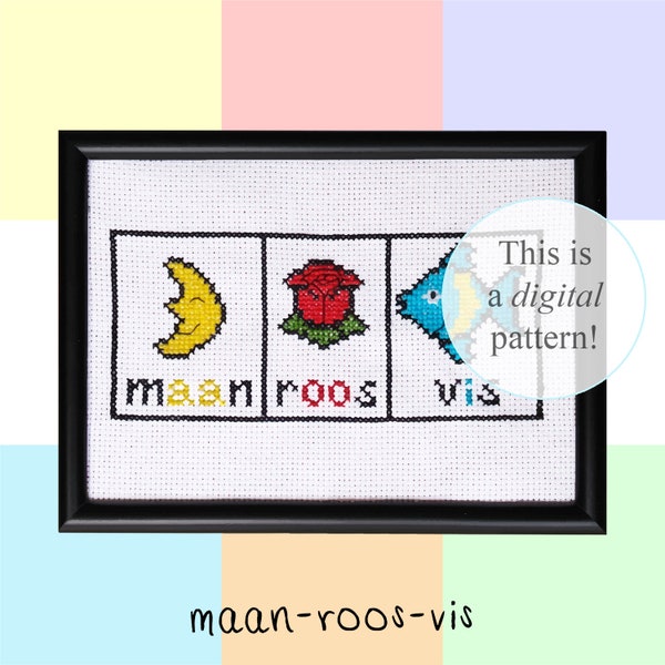 Maan-Roos-Vis cross stitch PDF pattern | 18x13cm | instant digital download | Dutch Reading Board | Leesplankje 1991-2013