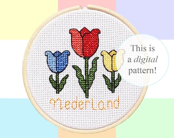 Dutch Tulips cross stitch PDF pattern | 10cm / 4" | instant digital download | Dutch pixel art | Netherlands | Holland | National Flower