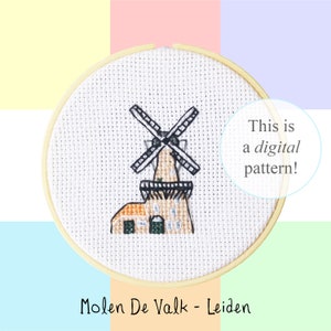 Molen de Valk Leiden cross stitch PDF pattern | 10cm / 4&quot; | instant digital download | Dutch culture pixel art | Heritage |  Windmills