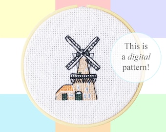 Molen de Valk Leiden cross stitch PDF pattern | 10cm / 4" | instant digital download | Dutch culture pixel art | Heritage |  Windmills