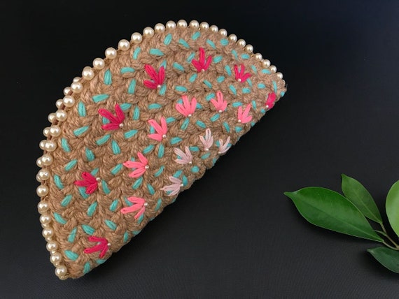 Eco-friendly Jute Clutch bag with pink flowers