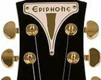 Current style headstock or amp bikini logo badge acid etched brass and silk printed