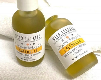 Aceite de caléndula orgánico para bebés, hidratante suave y sin perfume.