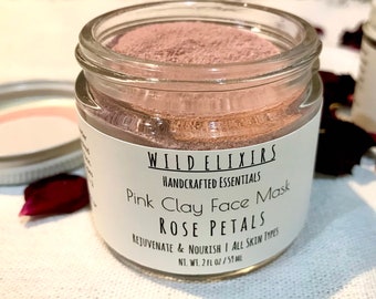 Rose Petals + Pink Clay Face Mask, Rejuvenating Rose Clay Face mask, Purifying Gentle Cleanser, Zero Waste Skincare