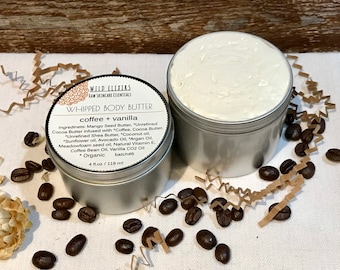 Coffee Vanilla Whipped Body Butter, Deeply Nourishing Moisturizer, Organic Raw Oils