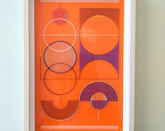 May include: Abstract geometric artwork with a bright orange background. The artwork features a variety of circles, semi-circles, and squares in shades of orange, white, and purple.