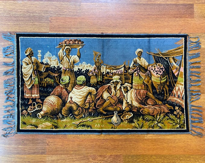 Eastern Bazaar Velvet Wall Tapestry – Handmade Vintage Rug with Camel Caravan and Market Life – Nomadic Boho Wall Decor