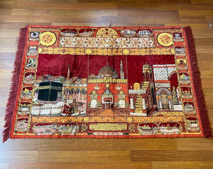 Turkish Kaaba Wall Tapestry – Islamic Velvet Mosque Art – Masjid al-Haram Mecca Decor – Muslim Prayer Room Gift – Hajj Umrah Ramadan Decor