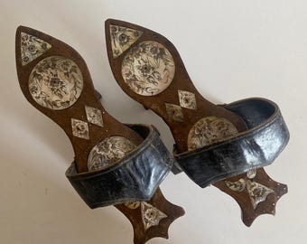 Antique Ottoman Bride Bath Slippers | Mother of Pearl & Wood Carving | Rare Hamam Wedding Accessory