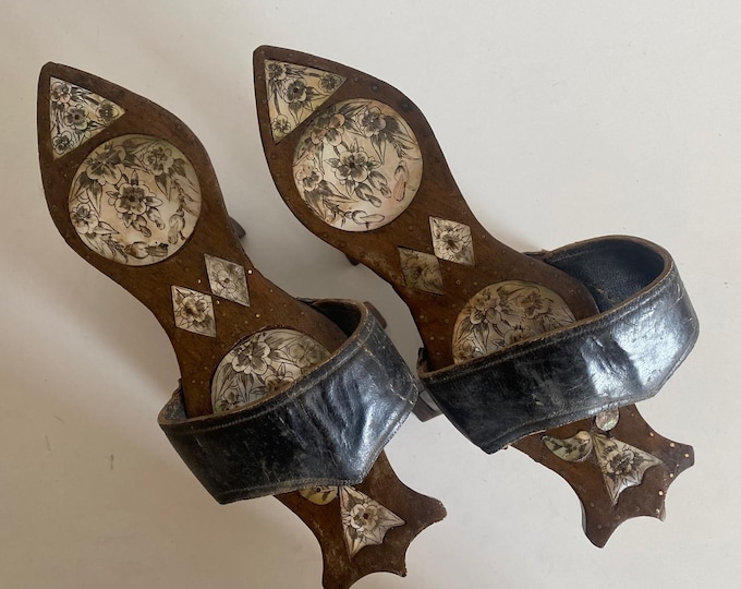 Antique Ottoman Bride Bath Slippers | Mother of Pearl & Wood Carving | Rare Hamam Wedding Accessory