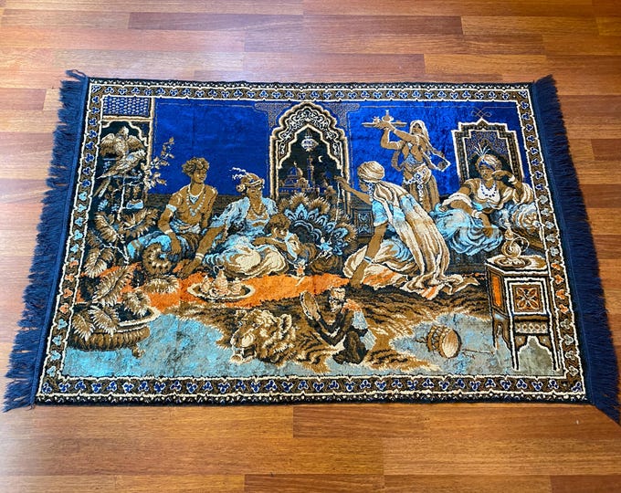 Arabian Nights Velvet Tapestry - Lavish Oriental Lounge Scene – Exotic Blue Vintage Wall Art with Palms & Women