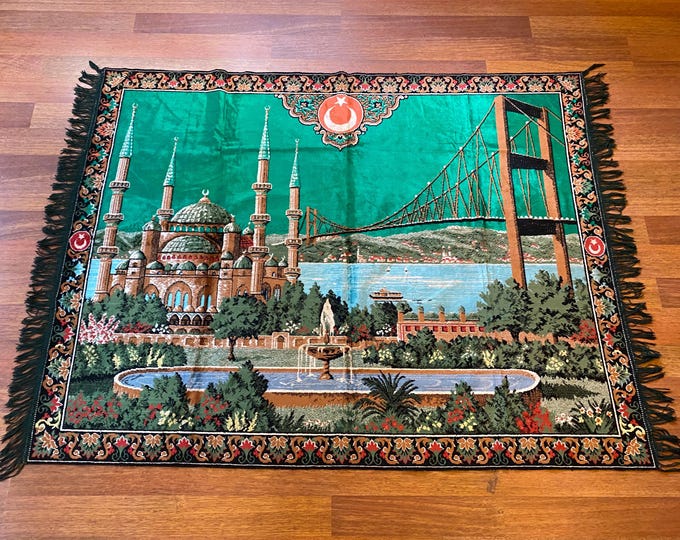 Vintage Turkish Wall Rug – Mosque, Flag & Bridge Motif – Istanbul Tapestry – Patriotic Wool Art – Boho Oriental Home Decor
