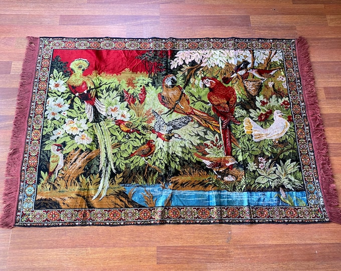 Vintage Bird Tapestry Wall Hanging - Handwoven Gobelin Art - Colorful Nature and Exotic Birds Scene - Perfect Boho