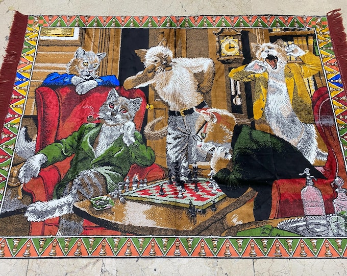cats playing chess themed tapestry, very rare and in excellent condition, very rare tapestry wall decor, cats playing chess,