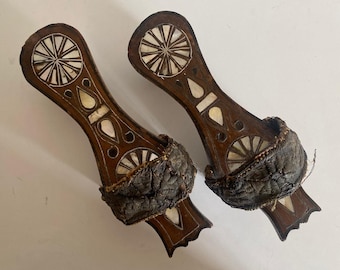 Antique Ottoman Bride Bath Slippers | Mother of Pearl & Wood Carving | Rare Hamam Wedding Accessory
