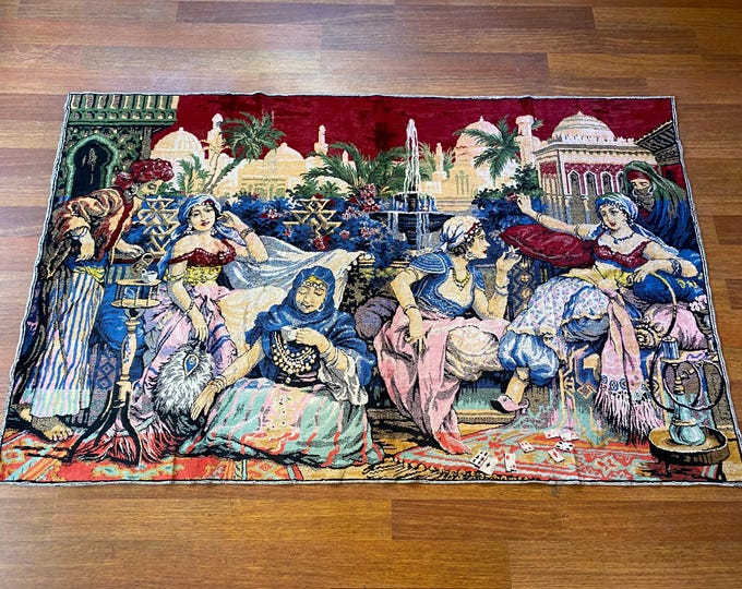 Vintage Turkish Wall Rug – “Kahveci Güzeli” (The Coffee Lady) – Handwoven Wool Tapestry – Oriental Decor – Cultural Textile Art