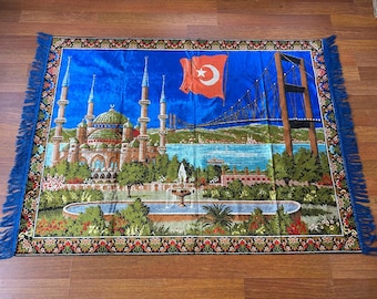 Vintage Turkish Wall Rug – Mosque, Flag & Bridge Motif – Istanbul Tapestry – Patriotic Wool Art – Boho Oriental Home Decor