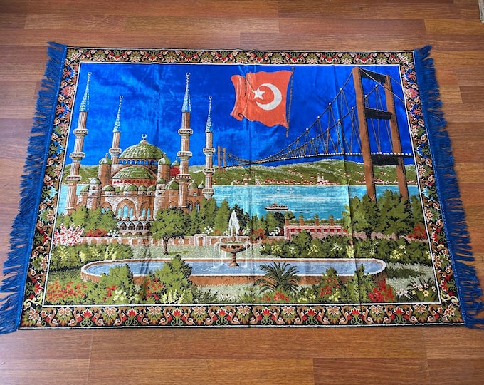 Vintage Turkish Wall Rug – Mosque, Flag & Bridge Motif – Istanbul Tapestry – Patriotic Wool Art – Boho Oriental Home Decor