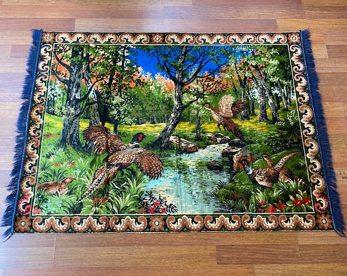 Vintage Bird Tapestry Wall Hanging - Handwoven Gobelin Art - Colorful Nature and Exotic Birds Scene - Perfect Boho