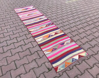 Colorfull Kilim  Rug,Turkish Striped color full Rug,Vintage Kilim  Rug,Boho Rug,Oushak Rug,Colorfull Kilim Rug,263 x 69 cm,8'63 x 2'26 Feet,