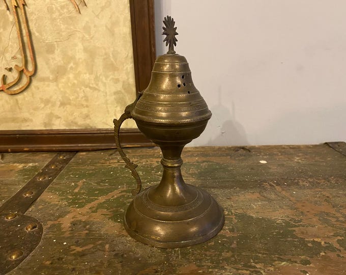 Antique Ottoman Brass Censer -Hand-Engraved Islamic Incense Burner -19th Century Arabic Buhurdan - Ritual & Spiritual Decor-Authentic Middle