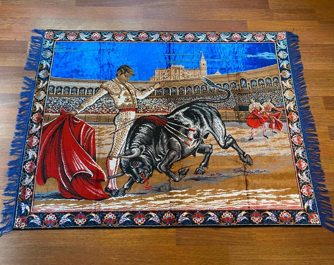 Majestic Spanish Matador Tapestry Wall Art -  Bold Bullfight Scene with Rich Velvet Texture – Matador and Bull Arena Decoration