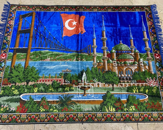 Pretty Wall Decor Rug,Vintage Wall Decor Tapestry Rug,Turkish Tapestry Rug,İstanbul Panorama Tapestry Rug,Blue Mosq Tapestry Rug,Vintage Rug