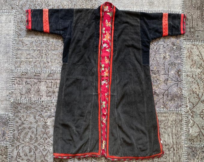 Black Velvet Antique Men’s Dress | Traditional Turkmen Outfit | Vintage Textile Clothing