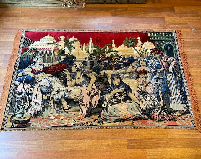 Vintage Turkish Wall Rug – “Kahveci Güzeli” (The Coffee Lady) – Handwoven Wool Tapestry – Oriental Decor – Cultural Textile Art