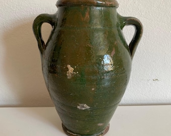 Antique Green Two-Handled Pottery – Turkish Anatolian Clay Butter or Oil Pottery – Fine Green Ceramic Jug – Vintage Turkish Green Pottery