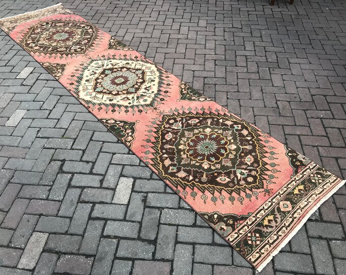 12'57 x 2'82 Feet, 383 x 86 cm, Oushak Runner Rug, Floor Runner Rug, Bohamian Runner Rug, Vintage Runner Rug, Turkish Runner Rug, Runner Rug