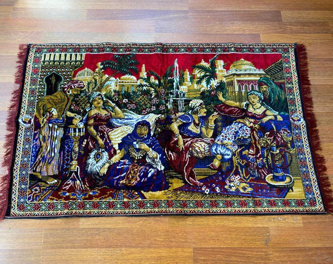 Vintage Turkish Wall Rug – “Kahveci Güzeli” (The Coffee Lady) – Handwoven Wool Tapestry – Oriental Decor – Cultural Textile Art