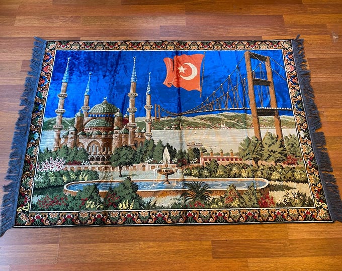 Vintage Turkish Wall Rug – Mosque, Flag & Bridge Motif – Istanbul Tapestry – Patriotic Wool Art – Boho Oriental Home Decor