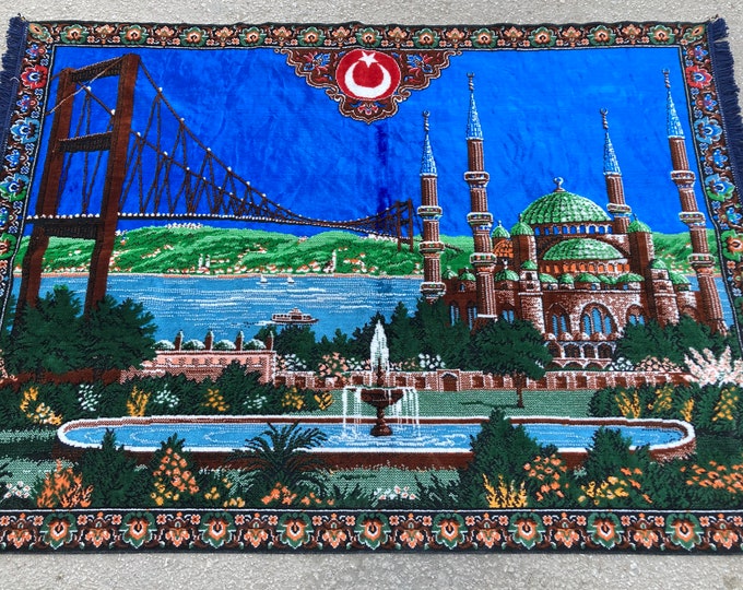 Pretty Wall Decor Rug,Vintage Wall Decor Tapestry Rug,Turkish Tapestry Rug,İstanbul Panorama Tapestry Rug,Blue Mosq Tapestry Rug,Vintage Rug