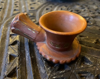 Rare Antique Ottoman Tophane Pipe Bowl - Hand-Burnished Red Clay Lüle - 19th Century Turkish Tobacco Pipe - Gold Gilded Details -