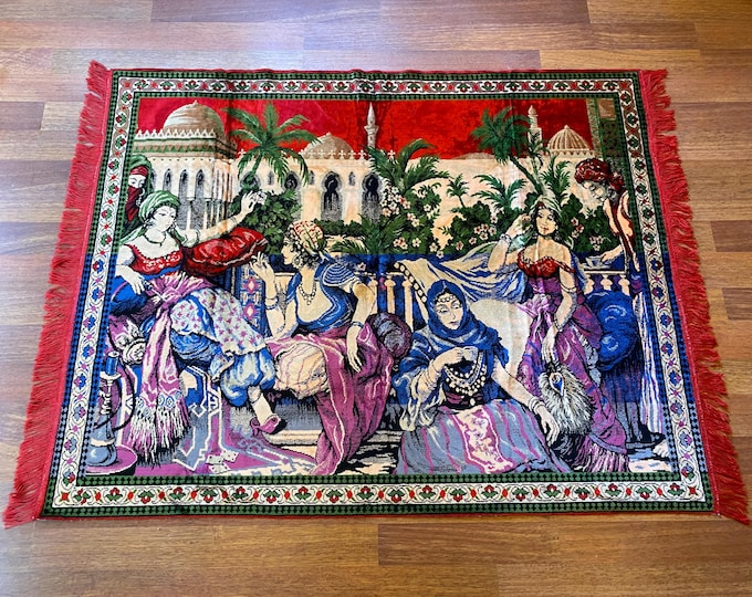 Vintage Turkish Wall Rug – “Kahveci Güzeli” (The Coffee Lady) – Handwoven Wool Tapestry – Oriental Decor – Cultural Textile Art