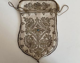 Antique Ottoman Groom Tobacco Pouch | Velvet Purse with Silver Ornaments | Beaded Collectible Pouch