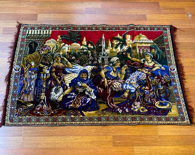 Vintage Turkish Wool Wall Rug: Handwoven "Coffee Lady" Tapestry