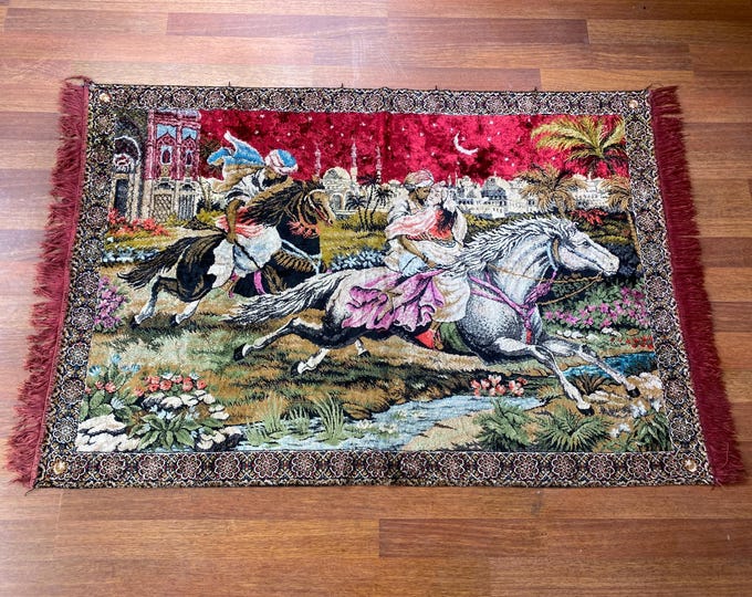Vintage Handwoven Wall Tapestry – Horseback Lovers Scene, Oriental Art Rug