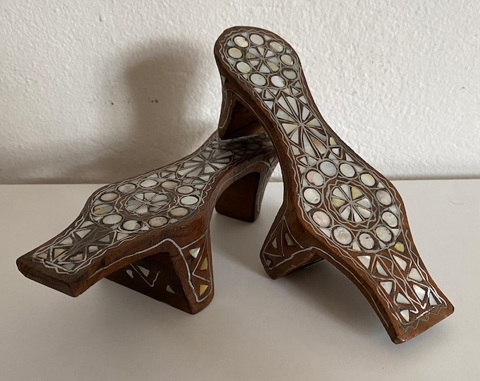 Antique Ottoman Bride Bath Slippers | Mother of Pearl & Wood Carving | Rare Hamam Wedding Accessory