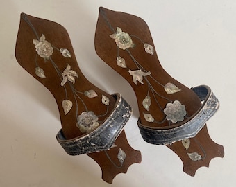 Antique Ottoman Bride Bath Slippers | Mother of Pearl & Wood Carving | Rare Hamam Wedding Accessory